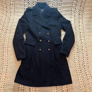 H&M Navy Wool Blend Military Style Double Breasted Tailored Long Coat Size 6